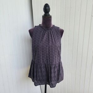 Loft Women's Gray Eyelet Boho Sleeveless Ruffle Blouse Women’s Peplum Babydoll M